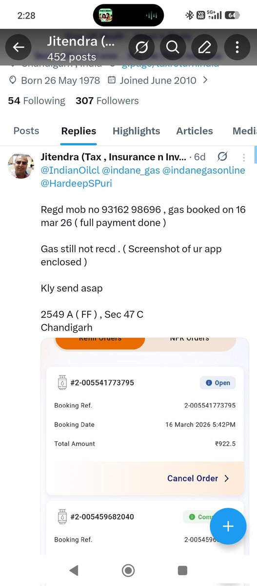 jsodhi's tweet photo. @IndianOilcl @indane_gas @indanegasonline @HardeepSPuri @RahulGandhi 

Regd mob no 93162 98696 ( id 11214 )

Gas booked on 16th wt full advance payment. Gas still not recd even in 10 days

Kly send asap

Pathetic planing/ customer service https://t.co/Lsrq25PN8M