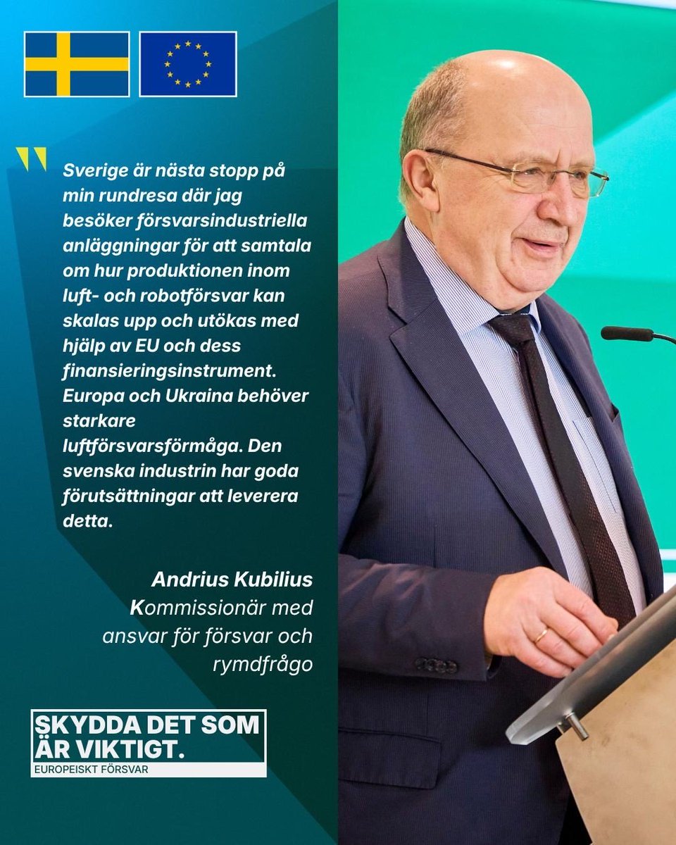 KubiliusA's tweet photo. Hej Sverige! 🇸🇪

Today I’m in Sweden as part of my #MissileTour, visiting defence industry facilities.

We’re discussing how to ramp up production with 🇪🇺 support.

Europe &amp; Ukraine 🇺🇦 need stronger air defence, and Sweden’s industry can deliver.

#ProtectWhatMatters https://t.co/ac9HXv2aTe