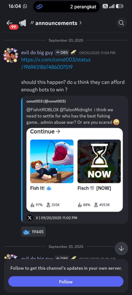 LamsiharTimothy's tweet photo. @scarlettcosmic @roblox_fess Ga peduli gimana,lu kalau liat di discord Fisch bagian announcement  juga sebenernya udah nyindir nyindir tapi ya bodo amat,trus apa hubungannya gw jadi pahlawan kan yang gw kasih tau cuma fakta yang terjadi di gamenya,cuma lucu aja sih 🤭 https://t.co/9f59pVMbsD
