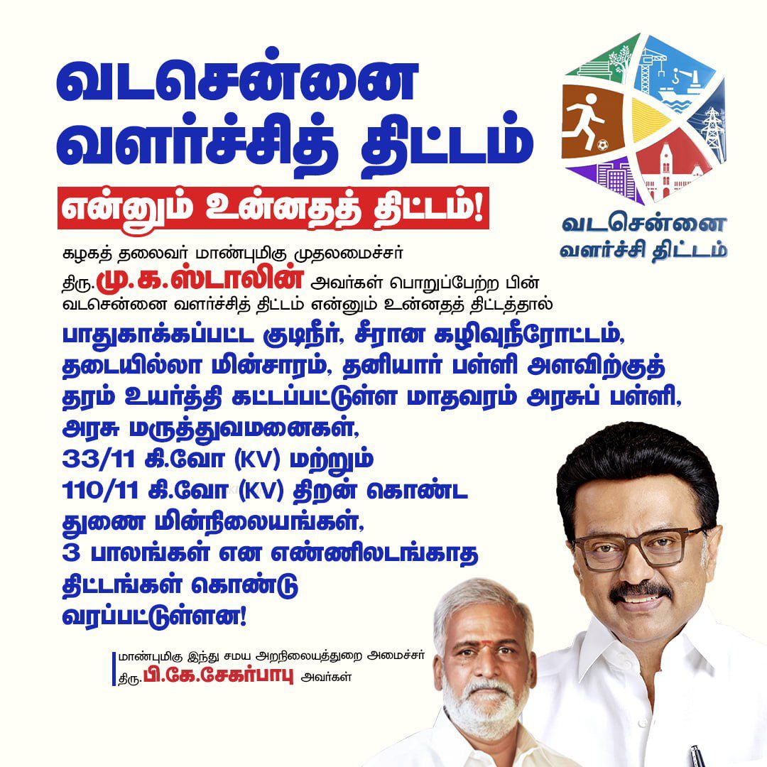 DMK_Chennai's tweet photo. கழகத் தலைவர் மாண்புமிகு முதலமைச்சர் திரு.@mkstalin அவர்கள் பொறுப்பேற்ற பின் வடசென்னை வளர்ச்சித் திட்டம்  என்னும் உன்னதத் திட்டம் !!

மாண்புமிகு அமைச்சர் திரு.@PKSekarbabu அவர்கள்.

#DMKChennai #VoteForDMK https://t.co/SMyR5lSRC3