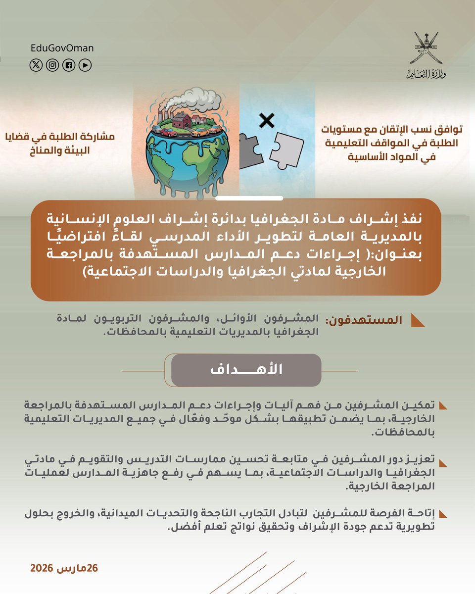 #وزارة_التعليم |

نفذ إشراف مادة الجغرافيا بدائرة إشراف العلومِ الإنسانية بالمديرية العامة لتطوير الأداء المدرسي لقاءً افتراضيًا بعنوان: إجراءات دعم المدارس المستهدفة بالمراجعة الخارجية لمادتي الجغرافيا والدراسات الاجتماعية.

#تعلم_مستدام