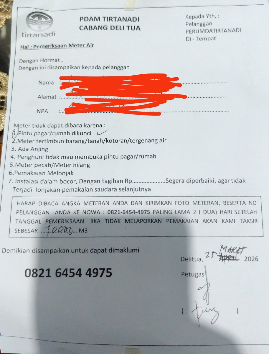 affandymuhammad's tweet photo. kemarin dapat surat dari PDAM setempat dikarenakan petugas nya tidak bisa masuk ke rumah untuk cek meteran(yg punya rumah tidak di rumah). dari surat tsb agak sedikit ada ancaman jika tidak ada feedback akan ada penalty, meteran nya akan di "markup". memang agak lain pdam nya https://t.co/XJ2GCSxYQX