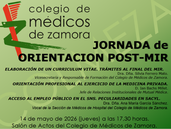 MedicosZamora's tweet photo. 🩺 Jornada de Orientación Post-MIR en Zamora
¿Terminas la residencia? Te ayudamos a dar el siguiente paso 👇
✔️ CV y trámites fin de MIR
✔️ Medicina privada
✔️ Empleo público (SACYL)
📅 14 mayo 2026
🕠 17:30 h
📍 Colegio de Médicos de Zamora
#MIR #PostMIR #Medicina https://t.co/HUqso58QrI