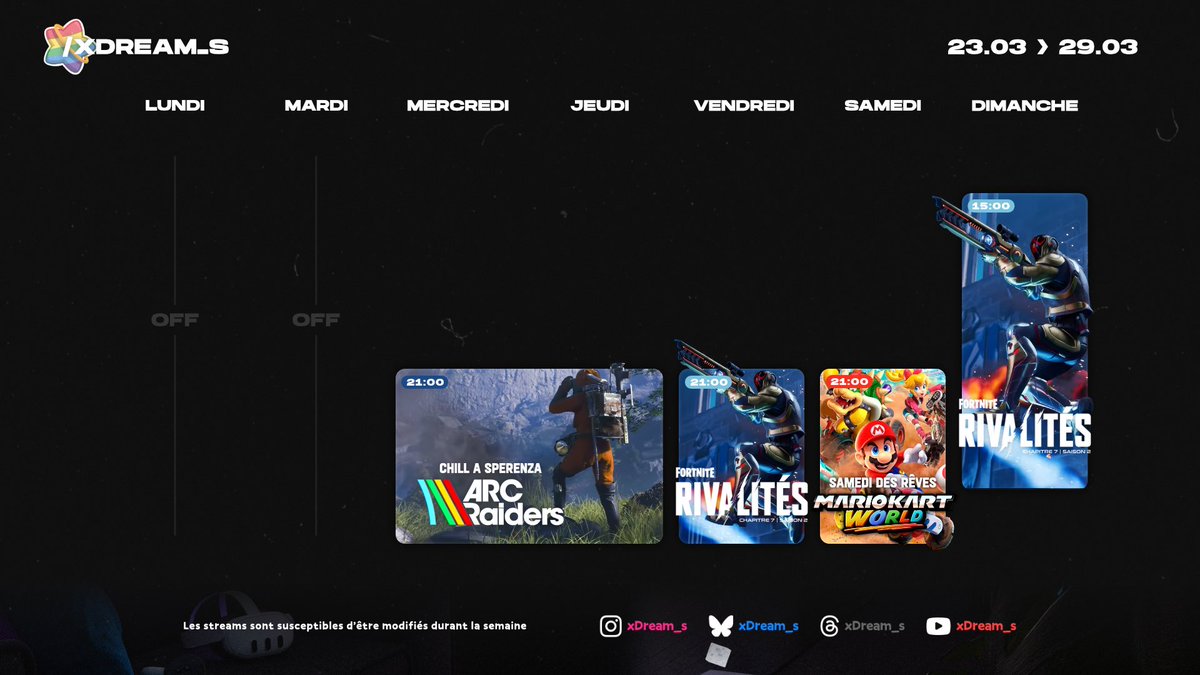 Et c’est parti pour la reprise 🥳
#twitch #planning 

Au programme :
🤖 La prochaine update arrive sur ARC Raiders
⚔️ Nous sommes des Rivaux sur Fortnite
🏎️ La reprise des courses effrénées sur Mario Kart World !

➡️ twitch.tv/xDream_s
