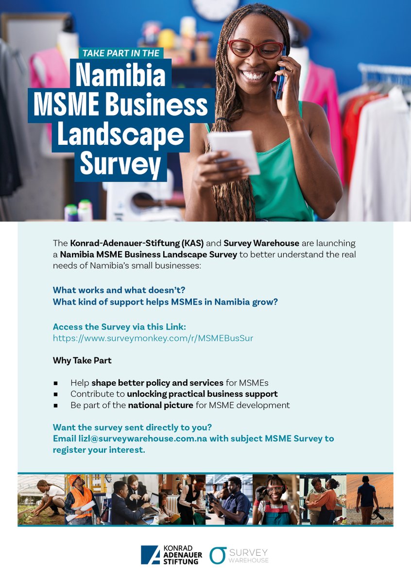 Namibian business owners - your voice matters. The Namibia MSME Business Landscape Survey is now LIVE. Share your challenges and successes in this online survey. 🕒 10–15 min | 📷 Confidential 📷shorturl.at/UKcFb 
<a href="/KASNamibia/">KAS Namibia</a> 
#Namibia #MSMENamibia