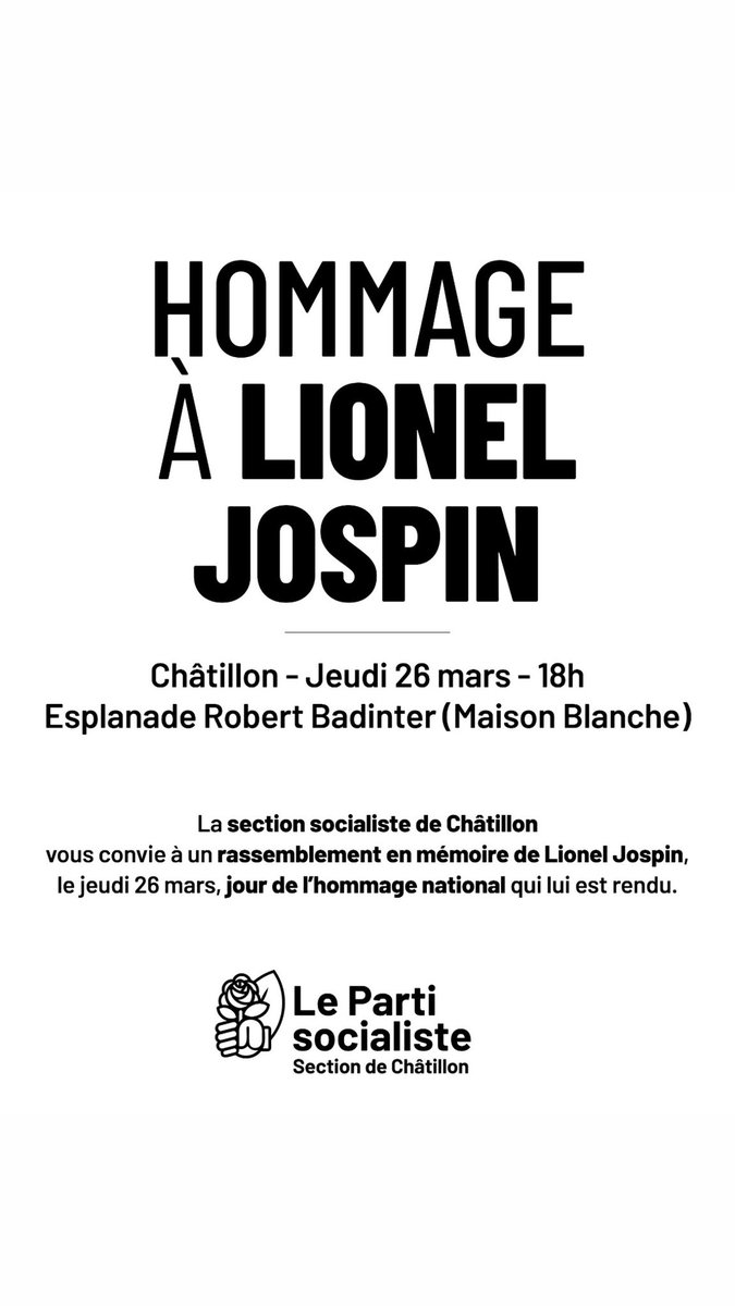 🌹Hommage à Lionel Jospin à 18h place Robert Badinter #Châtillon. Homme d’Etat intègre et juste, tenant d’une gauche démocratique et républicaine, il reste un phare pour nos générations et le combat universaliste pour le progrès social.
Je serai à l’hommage national aux Invalides