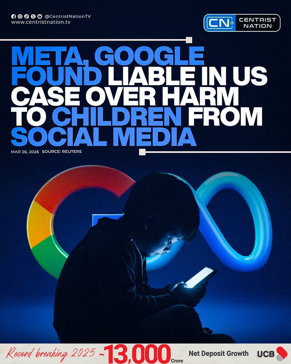 centristnattv's tweet image. A Los Angeles jury on Wednesday ruled that Meta and Alphabet’s Google were negligent in designing social media platforms deemed harmful to young users, delivering a $6 million verdict that could set the tone for many similar cases

#SocialMediaLawsuit #BigTechAccountability