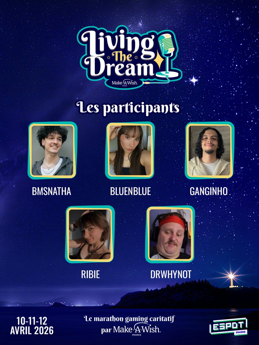 MakeAWishFrance's tweet photo. ✨Plus que quelques jours avant #LivingTheDream !

La mobilisation continue avec @bms_natha, @bluenblueee, @ganginho, @Ribiz14  et @Dr_Why_Not qui rejoignent les autres streamers pour soutenir la cause. 🙌 https://t.co/5kcV5D9ySi