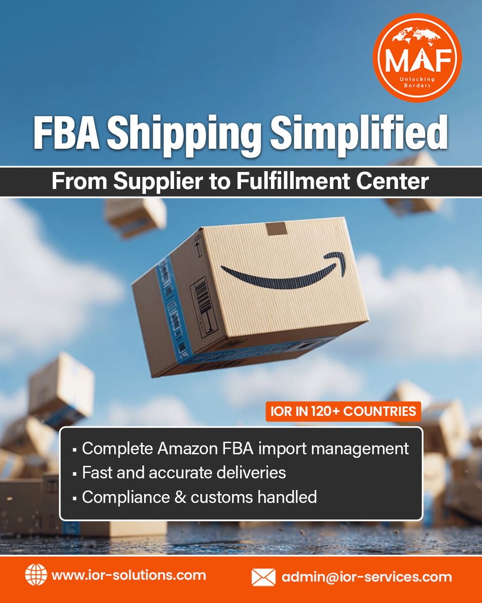 maf_ior's tweet photo. Sell on Amazon with zero logistics stress! MAF manages your FBA shipments from origin to fulfillment center, ensuring fast, compliant, and reliable delivery every time.
📧Contact: admin@ior-services.com
#AmazonFBA #ECommerceLogistics #MAFLogistics #FastDelivery #TradeCompliance https://t.co/uxmXHk9vpP