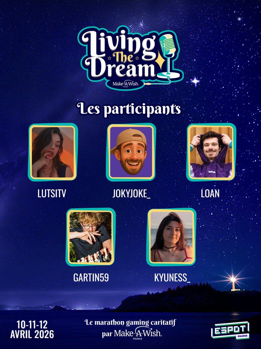 MakeAWishFrance's tweet photo. 📣 Voici les 5 derniers streamers qui rejoignent #LivingTheDream du 10 au 12 avril sur Twitch : 
LutsiTV, Jokyjoke_, @Loan_Officiel, @Gartin59LeGoat, et @Kyuness_  ! 

🎮✨ Préparez-vous à des moments incroyables pour soutenir les enfants malades. 

RDV du 10 au 12 avril🌟🚀 https://t.co/ygCyoCc7fa