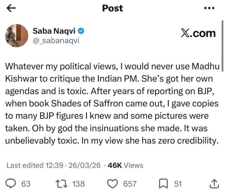 Indian_Analyzer's tweet photo. Madhu Kishtwar is floating bizarre fantasies about PM Modi 
- Even hardened anti-Modi critics are calling it out as CHEAP BLACKMAIL by disgruntled insiders who expected power and got nothing. 

They believed they carried Modi to Delhi; Modi showed them their place😂

Now they scream on social media for relevance. Stop treating these bitter ex-lobbyists as credible SOURCES.