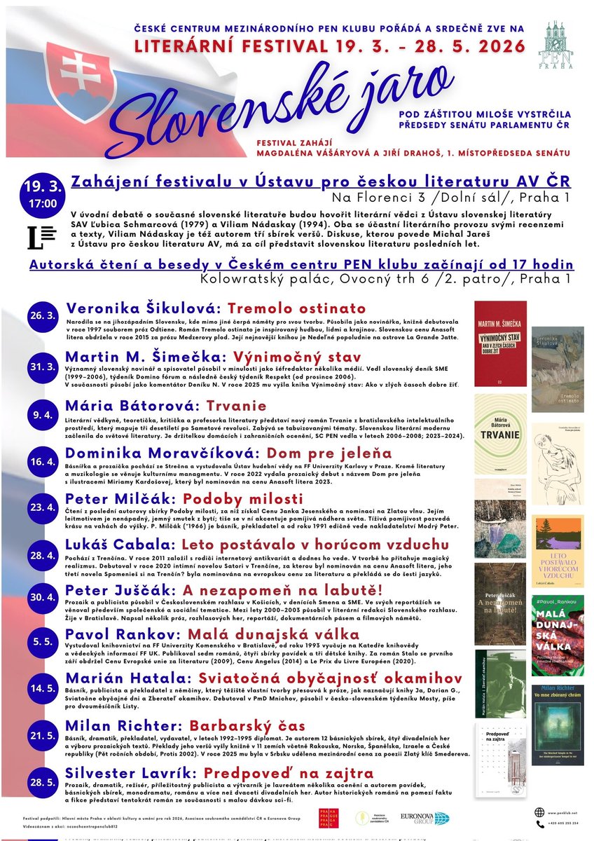 penklubCZ's tweet photo. Literární festival Slovenské jaro 2026 představuje cyklus 11 autorských čtení a besed s předními slovenskými spisovateli a spisovatelkami. Srdečně zveme! https://t.co/Pp6ALU1dtv