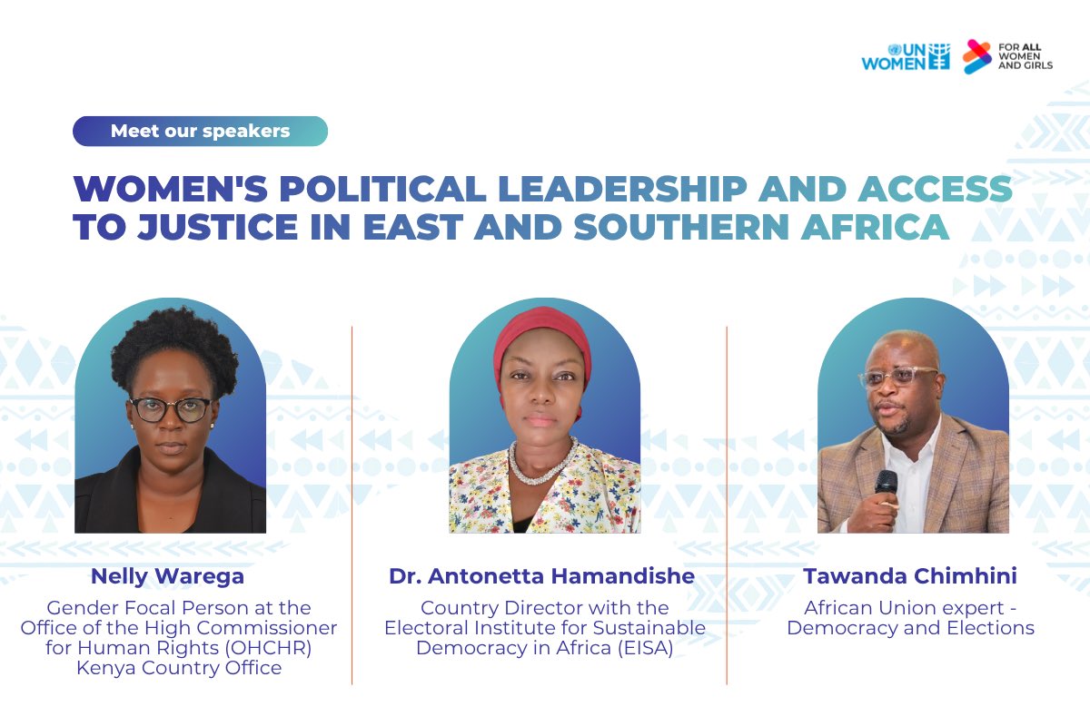 unwomenafrica's tweet image. Meet our speakers at today’s webinar for the Women’s Political Leadership and Access to Justice. Have you signed up yet? Join us at 2:00pm by registering here: unwomen.zoom.us/webinar/regist… 
#ForAllWomenandGirls #GenderEquality