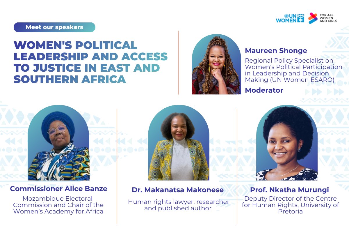 unwomenafrica's tweet image. Meet our speakers at today’s webinar for the Women’s Political Leadership and Access to Justice. Have you signed up yet? Join us at 2:00pm by registering here: unwomen.zoom.us/webinar/regist… 
#ForAllWomenandGirls #GenderEquality