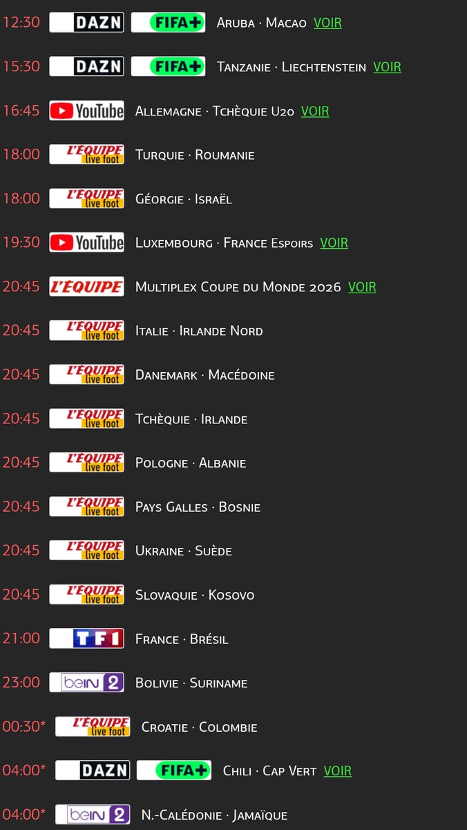 TrisInfoFoot's tweet photo. Le programme foot de ce Jeudi 26 mars: #TURROU #GEOISR #QualifierWorldCup2026 #ITAIDN #DANMAC #TCHIRL #POLALB #PDGBOS #UKRSUE #SLOKOS #FRABRE #BOLSUR #CROCOL https://t.co/ai4Q47Lzfv