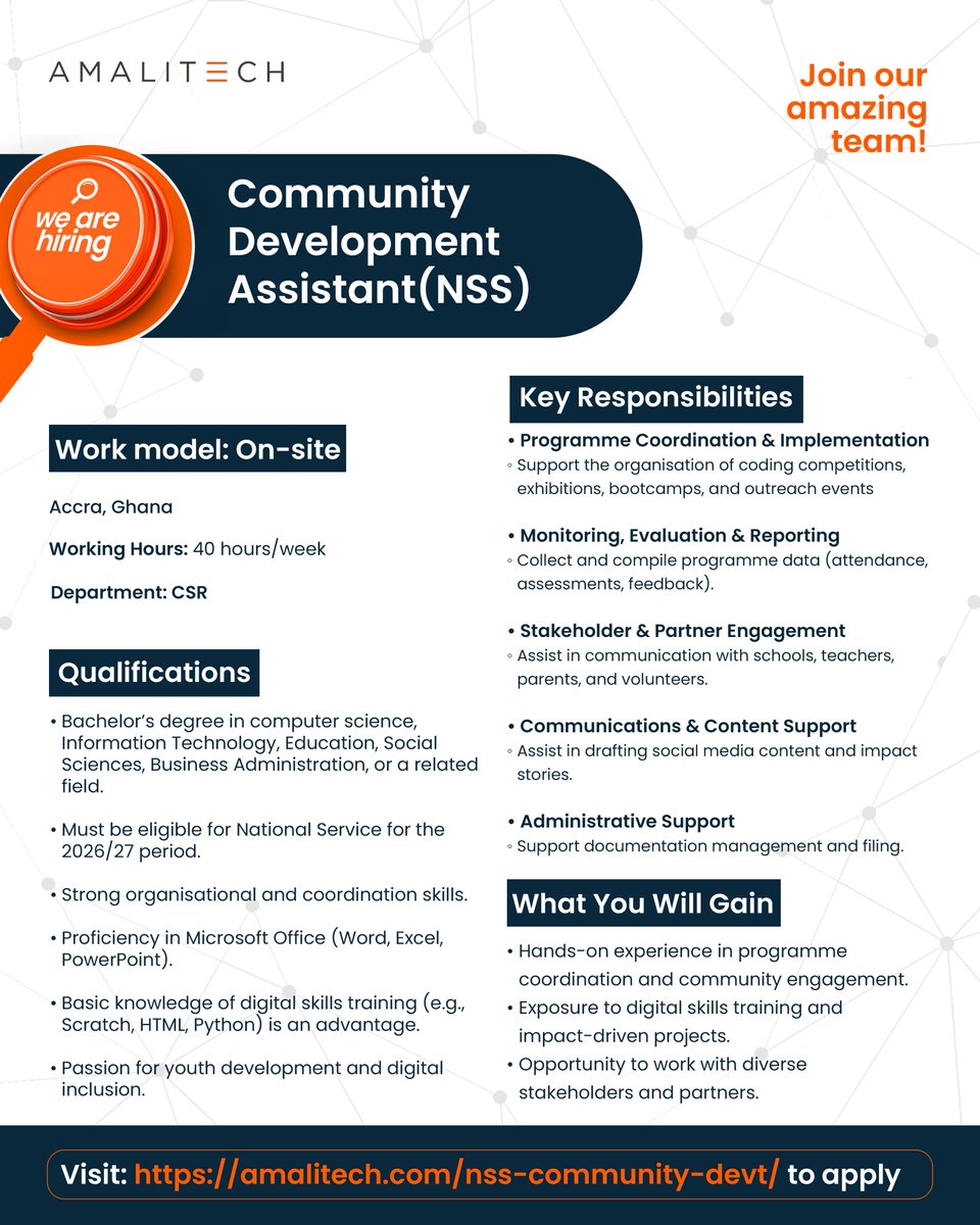 National Service Opportunity: Operations (Community Development Programme), Accra

AmaliTech is offering an NSS role within our CSR team, supporting programmes like Coding for Kids, mentorship, and community outreach while gaining hands-on experience in coordination, reporting,