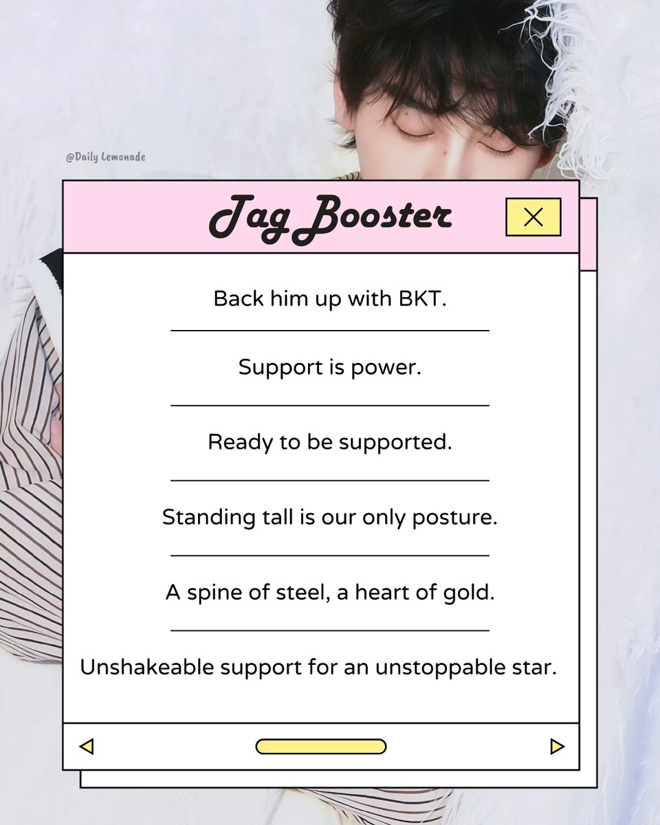 DailyLemon0919's tweet photo. 💛 Another round of BKT Tag Booster! 💛
Reply as many as you can 🙏🏻

⬇️You may copy the below: ⬇️
Back him up with BKT.
Support is power.
Ready to be supported.
Standing tall is our only posture.
A spine of steel, a heart of gold.
Unshakeable support for an unstoppable star.

⚠️Don't forget the keyword and hashtag! 😎
GOT YOUR BACK XUNING
#XuningOnBKTLive