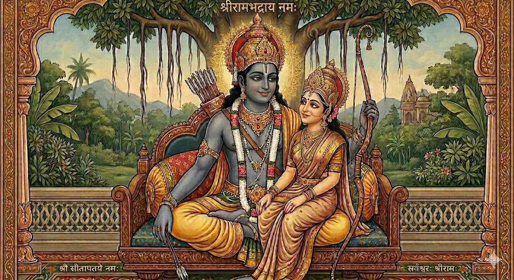 rasavattara's tweet photo. ध्यायेदाजानुबाहुं धृतशरधनुषं बद्धपद्मासनस्थं
पीतं वासो वसानं नवकमलदलस्पर्धिनेत्रं प्रसन्नम् ।
वामाङ्कारूढसीतामुखकमलमिलल्लोचनं नीरदाभं
नानालङ्कारदीप्तं दधतमुरुजटामण्डलं रामचन्द्रम् ॥

dhyāyēdājānubāhuṁ dhṛtaśaradhanuṣaṁ baddhapadmāsanasthaṁ
pītaṁ vāsō vasānaṁ navakamadalaspardhinetraṁ prasannam |
vāmāṅkārūḍhasītāmukhakamalamilallocanaṁ nīradābhaṁ
nānālaṅkāradīptaṁ dadhatamurujatāmaṇḍalaṁ rāmacandram ||