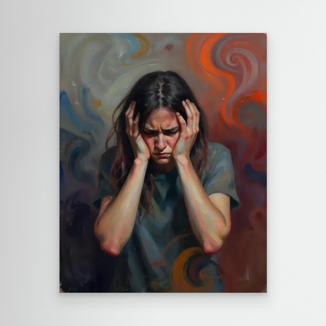 Esmonbijouart's tweet image. Contemplative? This portrait captures human emotion's turbulence. A woman in deep thought against swirling colors celebrates introspection. For art lovers. Check it out! 🎨 #ArtLovers #ContemporaryArt #AbstractPortrait
