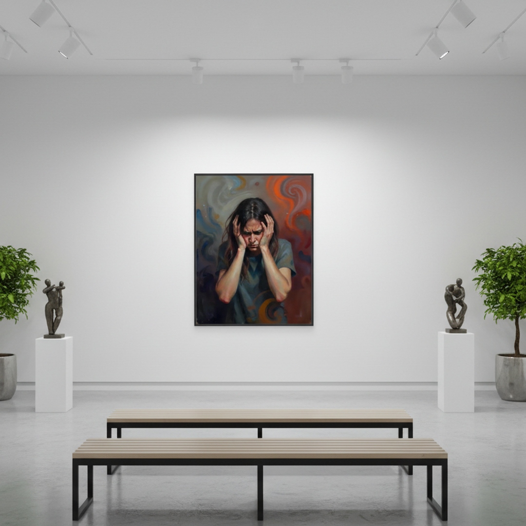 Esmonbijouart's tweet image. Contemplative? This portrait captures human emotion's turbulence. A woman in deep thought against swirling colors celebrates introspection. For art lovers. Check it out! 🎨 #ArtLovers #ContemporaryArt #AbstractPortrait