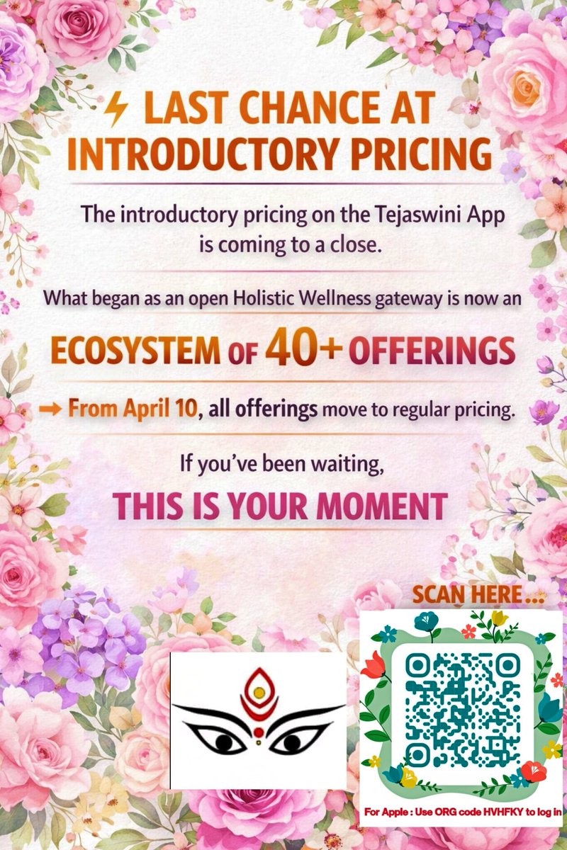 Last chance! Tejaswini App’s intro pricing ends April 10. 40+ holistic wellness offerings in one place. 🚀
Android: clpmark.page.link/gsu1⁠�
iOS: apps.apple.com/in/app/classpl…⁠�
Use code: HVHFKY