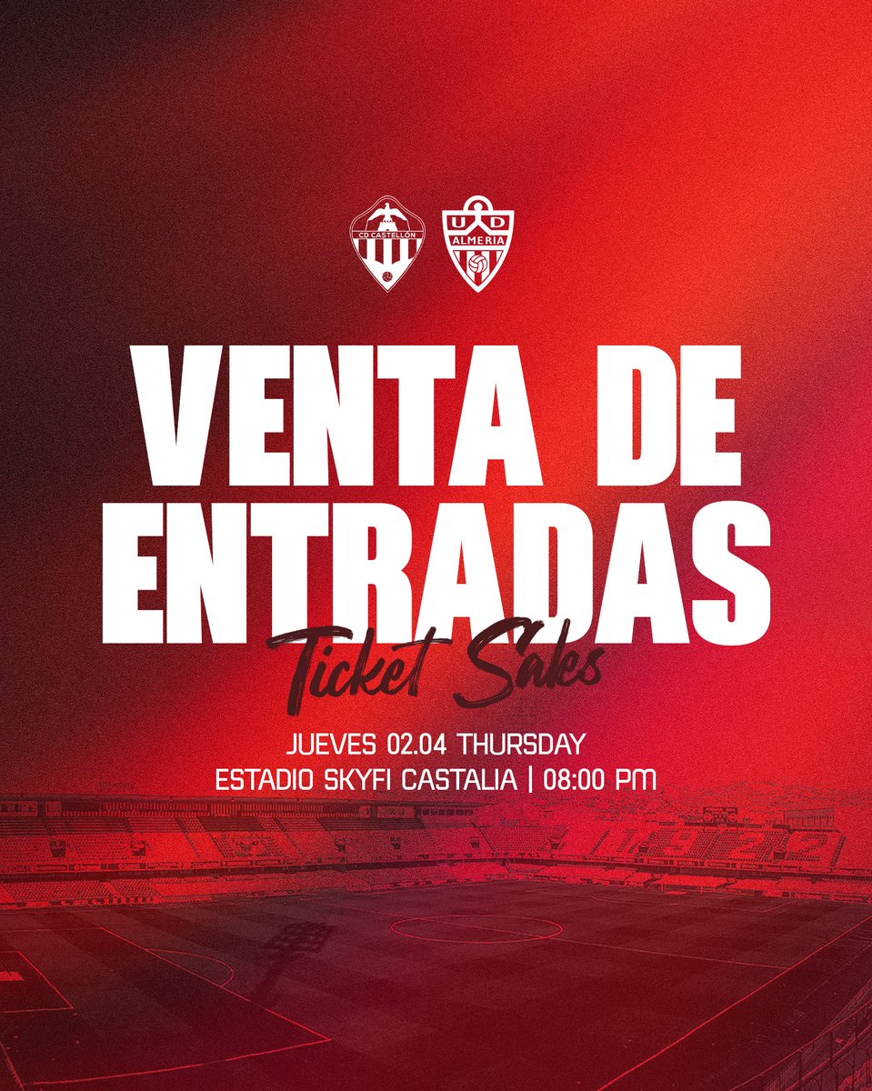 🎟 Ya tenemos abierto el plazo para la compra de entradas del #CastellónAlmería.

⚠️ Solo para abonados.

▪️ 20 €

🔗 abonados.udalmeriasad.com

🖥 Plazo: hasta las 12:00 h. del domingo 29 de marzo.

📩 La entrada se enviará por correo electrónico.