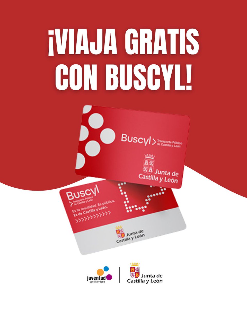JuventudCYL's tweet photo. 🚌 Si quieres viajar gratis por Castilla y León... ¡esto te interesa!
¡Ya puedes conseguir tu tarjeta #BUSCyL!
🚍 Válida para rutas metropolitanas e interurbanas.
📲 Puedes solicitarla a través de https://t.co/5xpL2w22Dz o llamando al @012jcyl https://t.co/BQDY3yHpQ0