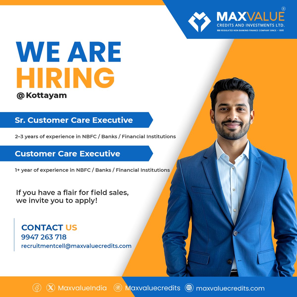 MaxvalueIndia's tweet photo. Hiring now @ Kottayam 🚀
Apply today & grow with Maxvalue!
#wearehiring #jobopening #kottayam #kottayamjobs #nbfcjobs #financecareers #customercarejobs #salescareers #keralajobs #hiringnow #careergrowth #jobopportunity #maxvalue #maxvaluecredits #applynow #workwithus https://t.co/zNfRZnyEtf