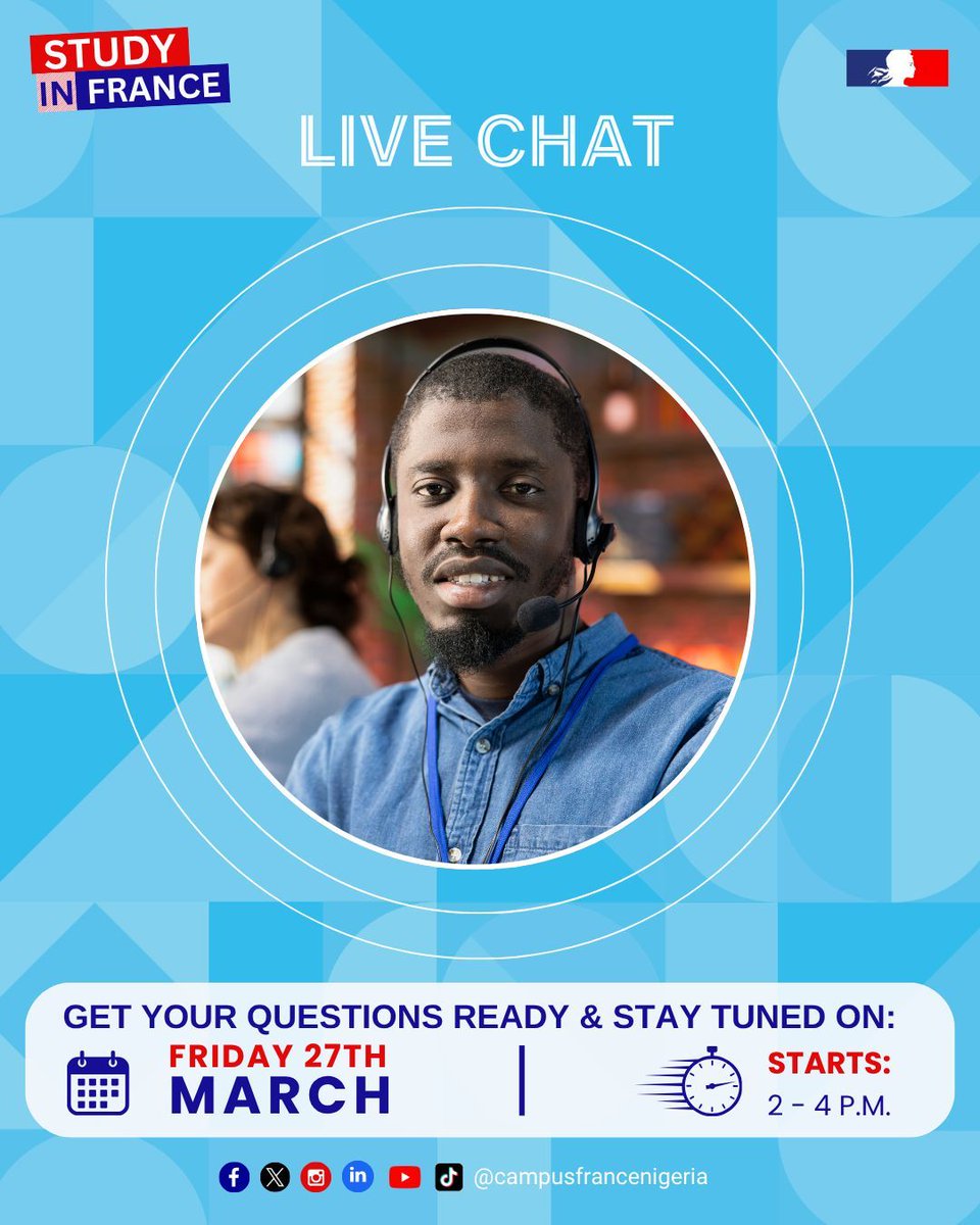 CampusFranceNg's tweet image. 🎓 Don’t miss our LIVE Q&amp;amp;A this Friday at 2 PM! 🇫🇷✨

💬 What to expect:
➡️ A post will go live on Friday at 2:00 PM
➡️ Share your questions in the comments under the post
➡️ Our team will respond to you in real time

#StudyInFrance #CampusFrance #InternationalStudents