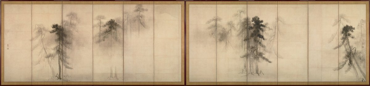 もう一つ、長谷川等伯の《松林図屏風》は神すぎます。

制約の中で生まれる極限の表現としてこれはまさに特異点です。

あれは、墨だけです。
細密な描写はなく、余白、にじみ、濃淡による、必要最低限の手数のみで松林が描かれている。
