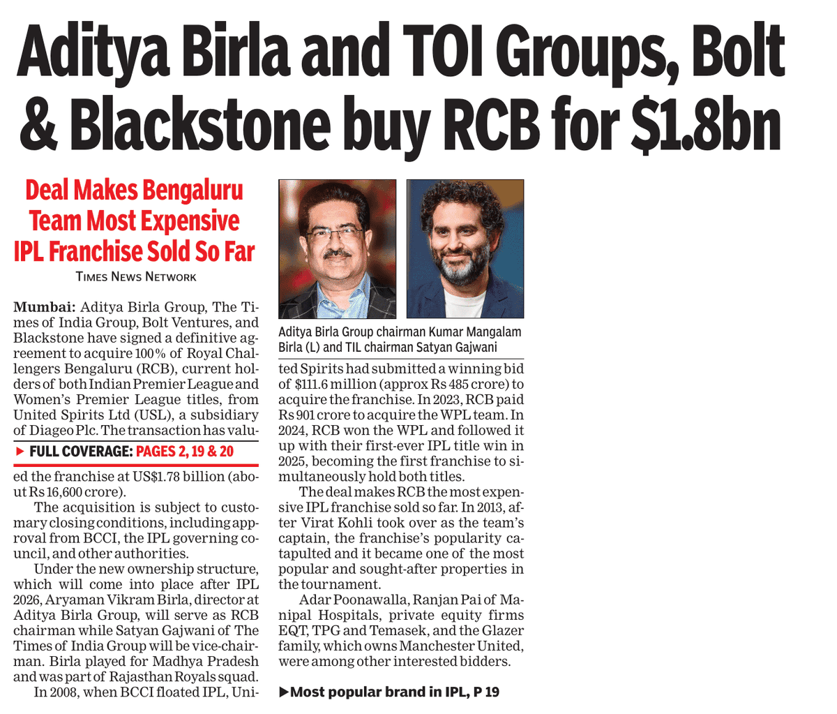 Maheshbr4U's tweet image. Top Valued #IPL Brand  , Royal Challengers #Bengaluru, has been acquired by a  Unique combo of Business Group @AdityaBirlaGrp, Media group @timesofindia, investment firms @blackstone &amp;amp; #Bolt for a $ 1.8 bn ( ₹16600 Cr)!
2025 pic of @ananya_birla with @imVkohli , RCB Jersey