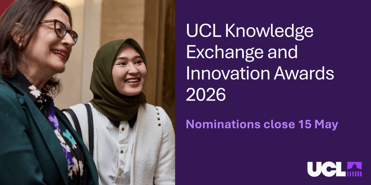 UCLEnterprise's tweet photo. Nominations for the UCL Knowledge Exchange and Innovation Awards 2026 are open!

These annual awards recognise UCL staff and students who are driving real‑world impact through knowledge exchange and innovation. 

Submit your nominations: https://t.co/0XmT4qPPBI

#UCLKEIAwards https://t.co/m5Wopi7I5T
