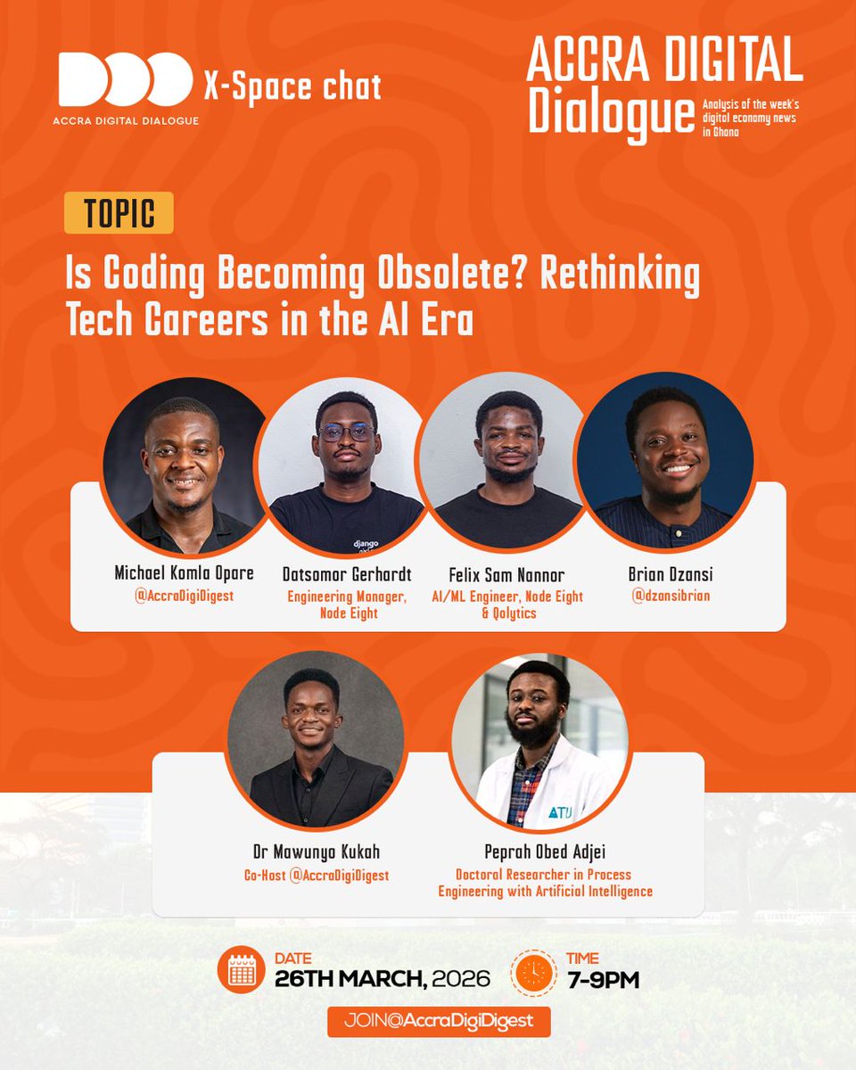 KukahMawunyo's tweet photo. GitHub Copilot writes code. ChatGPT debugs it. Cursor builds entire apps from a prompt. So let me ask you something, if you spent the last 4 years learning to code... did you learn the right thing? Join us tonight for a deep conversation with @AccraDigiDigest https://t.co/yAPzk08Ron