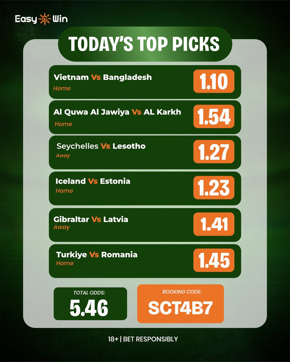 easywin_ng's tweet image. 📊 Expert Picks. Clean Odds. Real Value.

🎯 Total Odds: 5.46
📌 Booking Code: SCT4B7
💼 This is how smart bettors play.

#EasyWin #ProTips #BettingStrategy #NaijaBetting #SmartMoney
SCT4B7 easywin.ng/sports/matchs?…