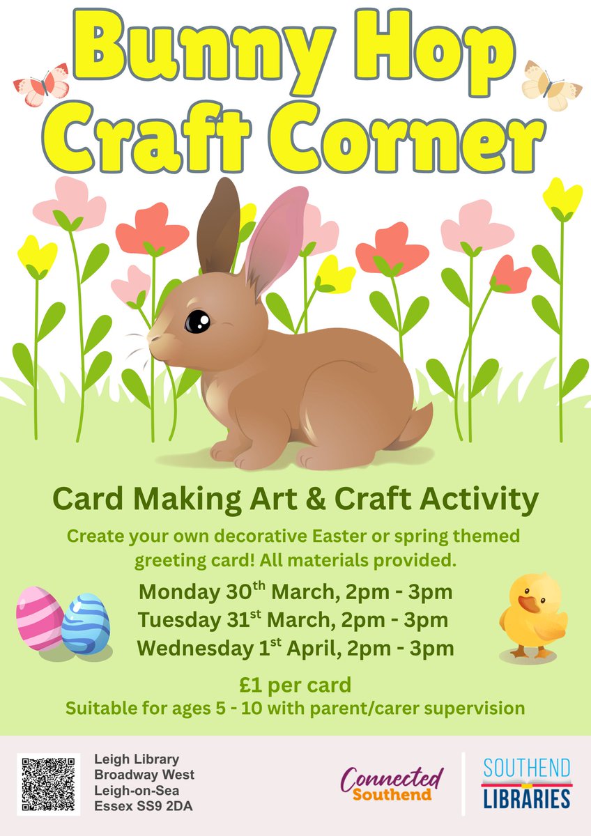 southendlibrary's tweet image. Hop along to the #Leigh Library #Craft Corner for #Spring crafts - coming soon! 🌼🌻
You can create your own Easter or Spring themed greeting card on the afternoon of Monday 30th March, Tuesday 31st March and Wednesday 1st April.
Suitable for ages 5-10 / £1 per card. 🐰