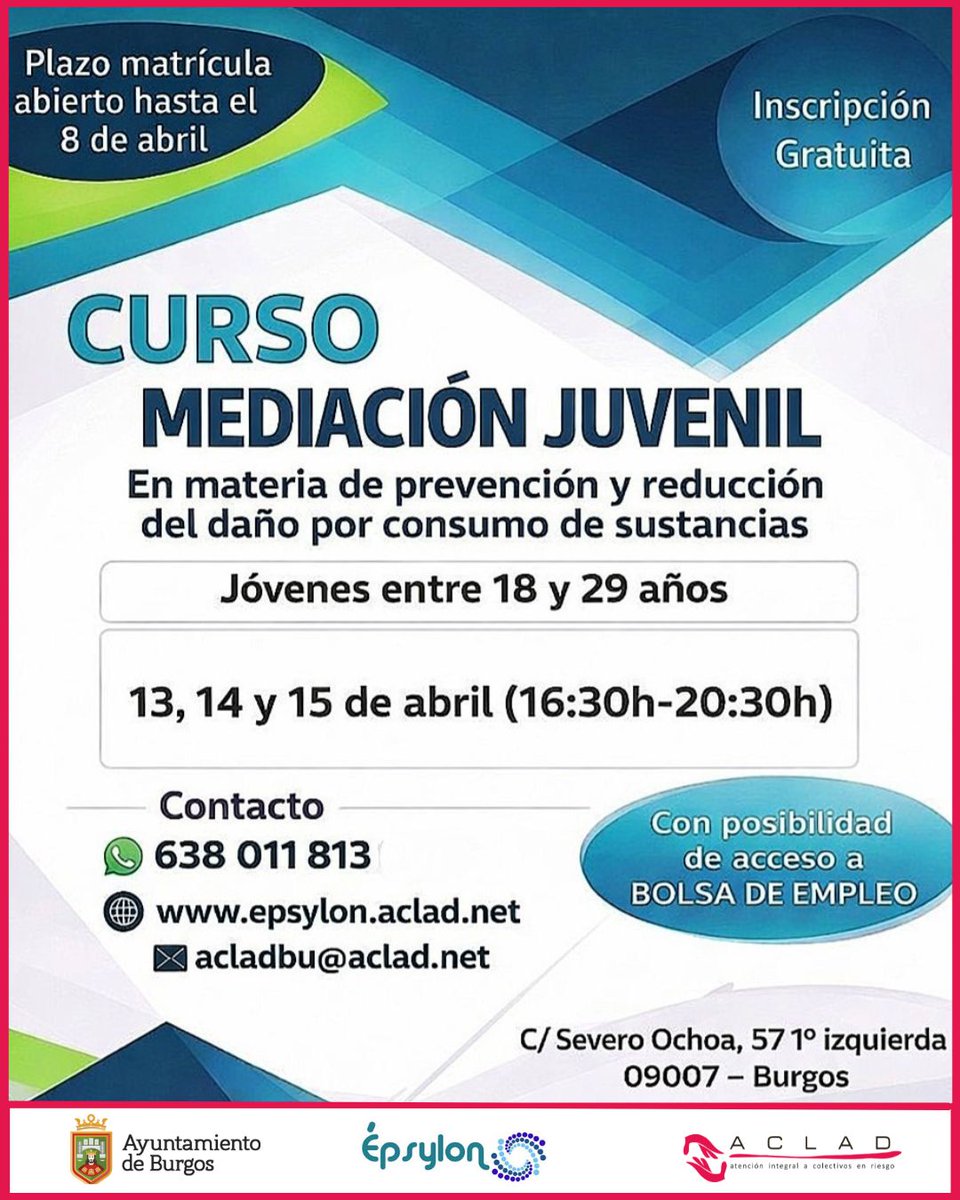 🔛Inscríbete en el 'Curso gratuito de #MediaciónJuvenil, en materia de prevención y reducción del daño por consumo de sustancias'
📍#Burgos👉Jóvenes entre 18 y 29 años
💰¡Posibilidad de acceso a bolsa de empleo!
✉ acladbu@aclad.net📞638 011 813
⏹ Colabora <a href="/Aytoburgos/">Ayuntamiento de Burgos</a> 

#ACLAD