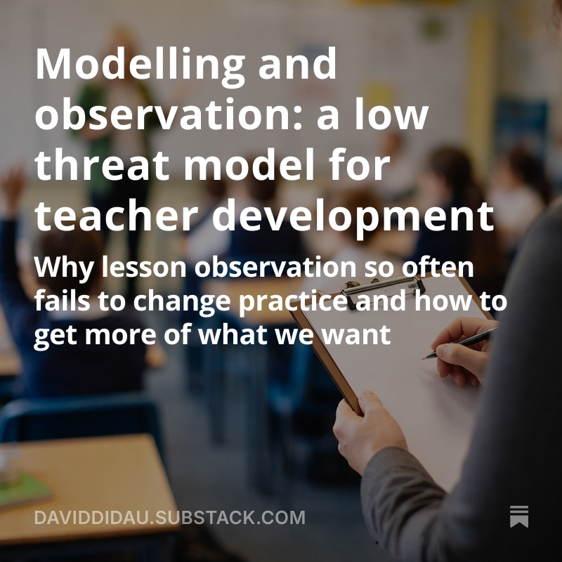 DavidDidau's tweet photo. Lesson observation benefits the observer more than the observed. And those who observe most teach least.
If we want observation to improve teaching, we should be willing to model, to be watched, and to share the risk.
Professional trust is built through reciprocity, not scrutiny alone.
Link below...