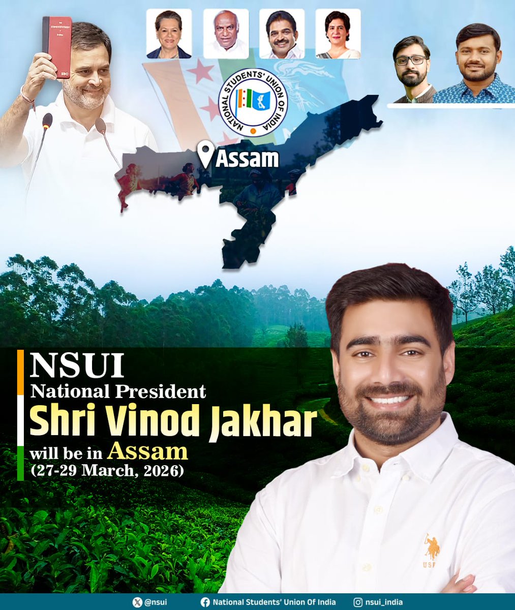 nsui's tweet photo. NSUI National President Shri @VinodJakharIN will be visiting Assam from 27th to 29th March 2026.

This visit aims to strengthen the student movement, engage with students across campuses and address their concerns while expanding the organisation’s reach in the state.

NSUI continues its commitment to empowering students and amplifying their voices across the country. ✊