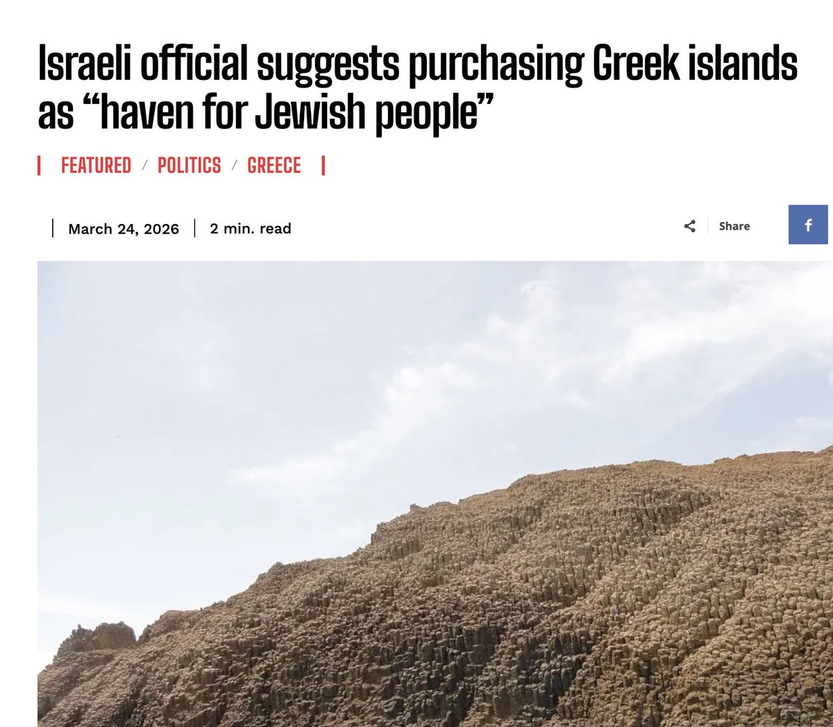 If Greece's government was not completely captured by the Epstein Regime, this would be nothing but a deranged fantasy.

In the current circumstances, however, Greeks should be concerned.

A representative of Israel Defense Minister Benny Gantz’s “Kahol Lavan” party raised an