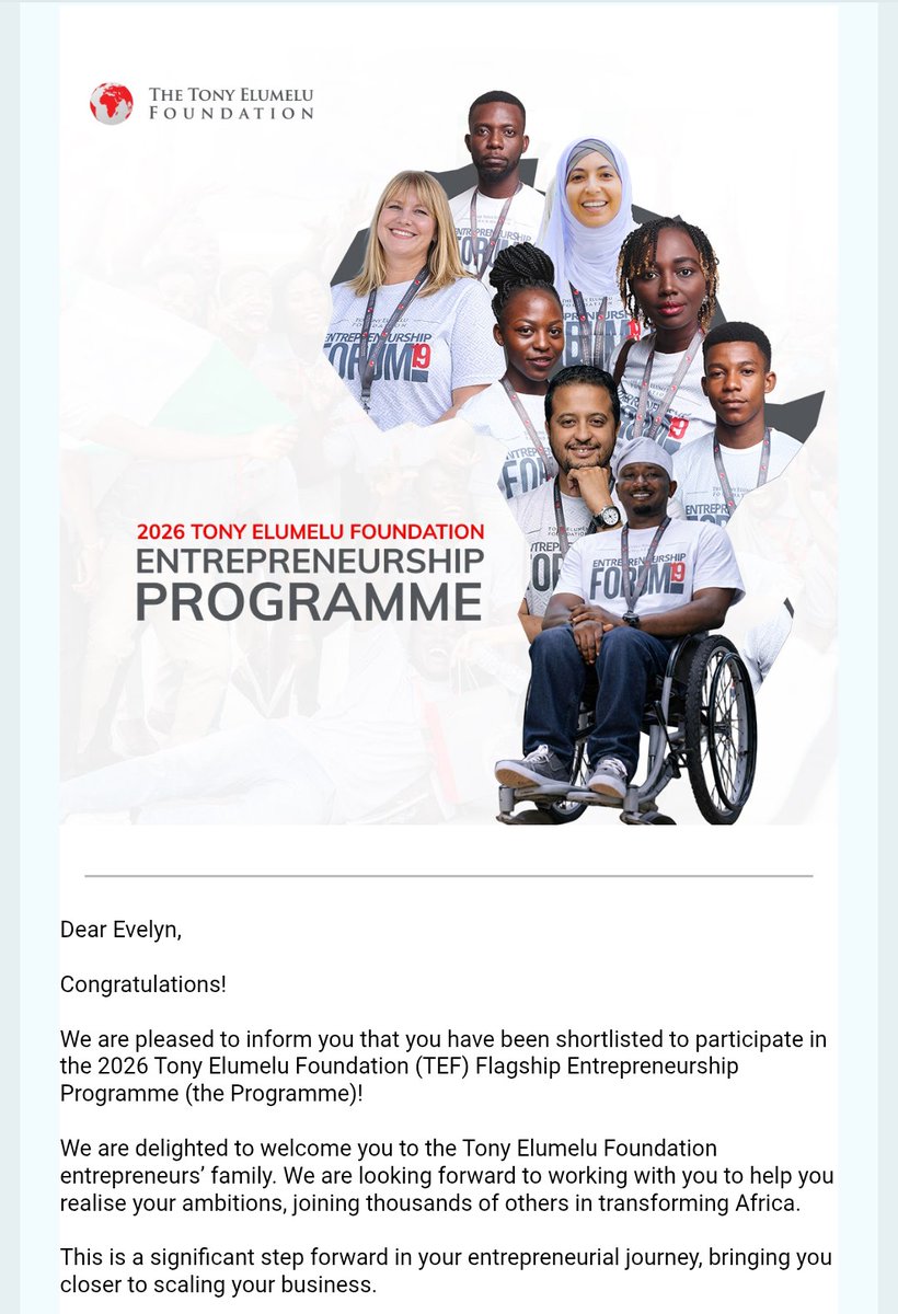 I’m honored to be selected for the Tony Elumelu Foundation Entrepreneurship Programme 2026 from over 265,000 applicants across Africa.

This is a big step for Eve’s Pizza, Grateful and ready for the journey ahead.
<a href="/TonyElumeluFDN/">The Tony Elumelu Foundation</a>
<a href="/TefConnect/">TEFConnect</a>
#Eves_pizza