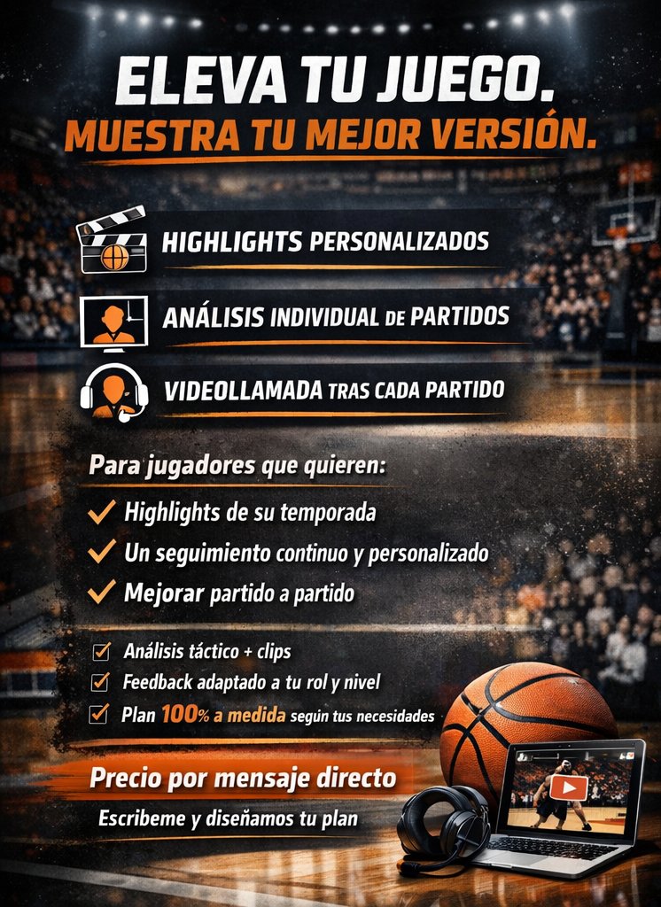 🏀 Jugadores de baloncesto
¿Quieres destacar tu temporada o mejorar partido a partido?

🎥 Highlights personalizados
📊 Análisis individual + videollamada
🛠️ Plan continuo 100% a medida

💬 Precio por mensaje directo
📩 Escríbeme y lo diseñamos juntos