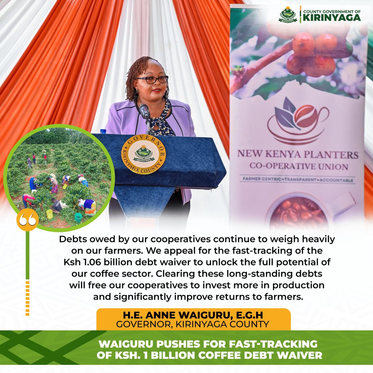 Governor Anne Waiguru continues to stand firmly with coffee farmers by urging the national government to fast-track the waiver of Ksh. 1.06 billion owed by 14 coffee cooperatives in Kirinyaga. #KirinyagaRising #KaziIongee #WiraWarie