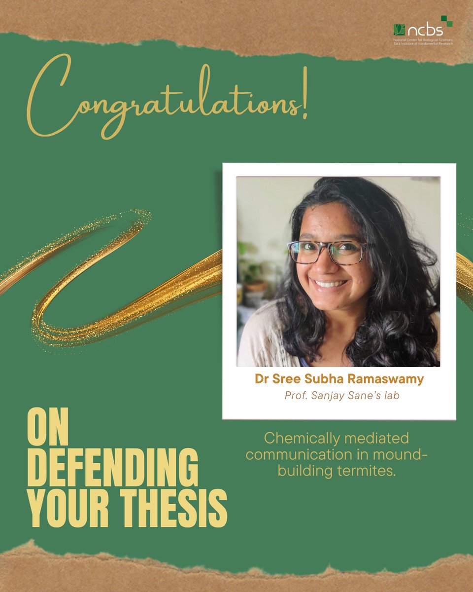 NCBS_Bangalore's tweet image. #PhDone! Congratulations Dr Sree Subha Ramaswamy! 🎓 
Sree Subha from Prof Sanjay Sane's lab successfully defended her thesis! 🎉 

👇🧵Scroll to learn more about her work on understanding how termites use chemicals to communicate while building mounds.
@srsbhr 
(1/4)
