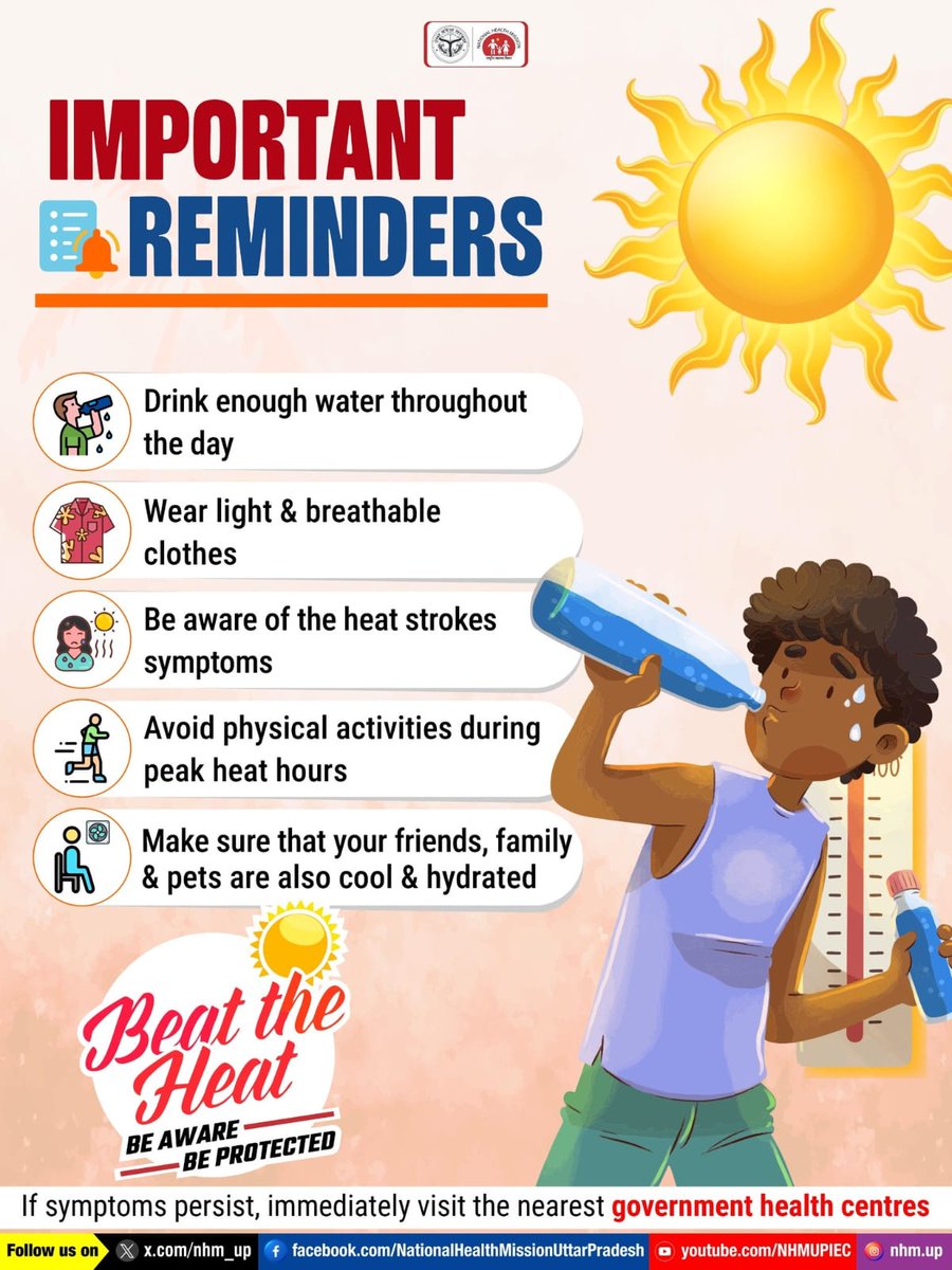 nhm_up's tweet image. Drink plenty of water, wear light clothing, avoid the peak afternoon sun and watch for heatstroke symptoms. 
Keep yourself and your loved ones cool and hydrated.

Summer Safety | Heatstroke Awareness | Stay Hydrated

#BeatTheHeat #StayHydrated #SunProtection #NHMUP
