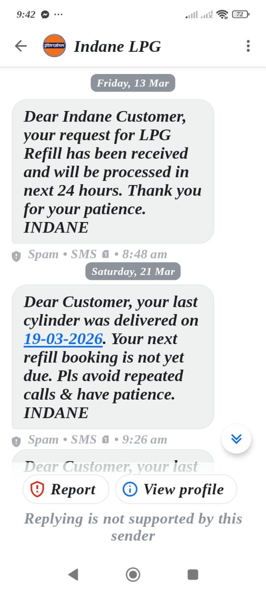 Insp_Rajender's tweet photo. Booked Indane LPG cylinder 13 March frm 9855706317 via Alisa Gas Agency, 100 feet Rd, Amritsar. SMS on 19 March: "delivered"—FALSE! No cylinder recived yet. False entry/malpractice? Demand probe, action &amp; delivery! @IndianOilcl @IndaneGas @MoPNG_eSeva @jagograhakjago @DC_Amritsar https://t.co/OI3JKxdNPE