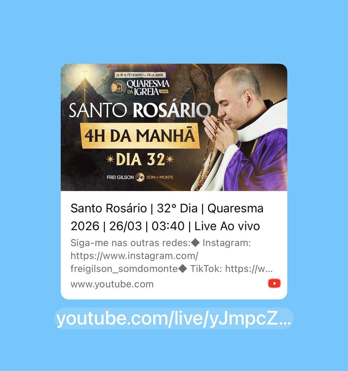 HCClasseA's tweet photo. Santo Rosário | 32° Dia | Quaresma 2026 | 26/03 | 03:40 | Live Ao vivo https://t.co/DP3b2bNfNf via @YouTube https://t.co/kkN7w0JBhL