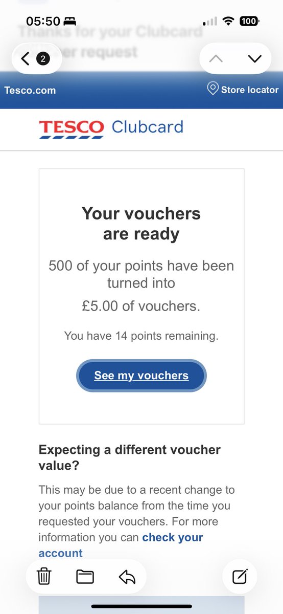 bethoconnor95's tweet photo. @Tesco I just turned 500 points into £5, had an email to confirm vouchers are ready but there’s nothing there? 🤔 https://t.co/VcSDk1nfLD