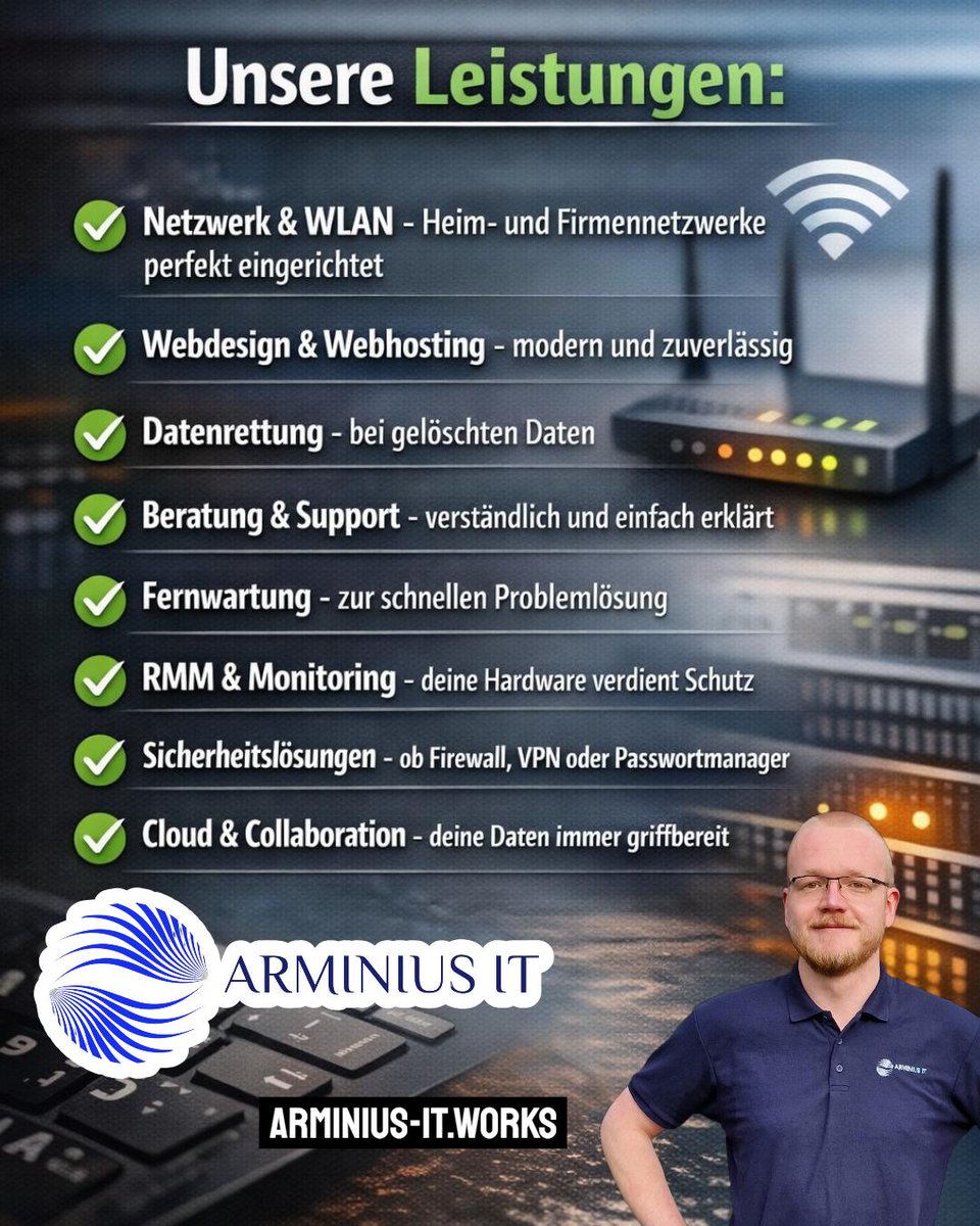 Deine IT soll funktionieren, nicht nerven. Wir helfen bei Netzwerk, WLAN, Webseiten, Datenverlust, Fernwartung, Monitoring, IT-Sicherheit und Cloud. Schnell, verständlich und zuverlässig. DM für deine kostenlose Erstberatung.

#itkanneunfachsein #itsupport #itservice #webdesign