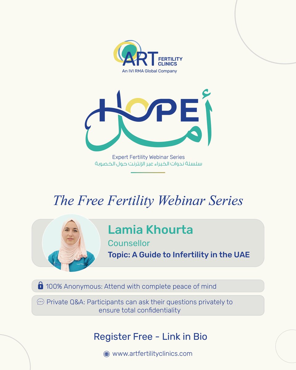 art_fertility's tweet photo. Join our free webinar, "A Guide to Infertility in the UAE," led by counsellor Lamia Khourta from ART Fertility Clinics
 
 Date: Wednesday, April 1st 
 Time: 6 PM GST
 Language: Arabic
 
🔗 Click the link in our bio to reserve your spot! https://t.co/rwZH0BglGM