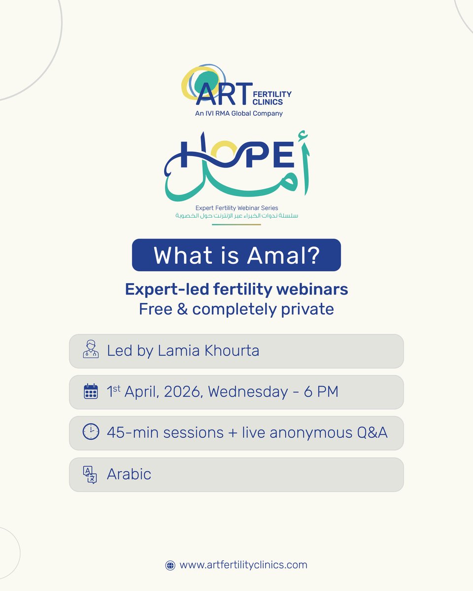 art_fertility's tweet photo. Join our free webinar, "A Guide to Infertility in the UAE," led by counsellor Lamia Khourta from ART Fertility Clinics
 
 Date: Wednesday, April 1st 
 Time: 6 PM GST
 Language: Arabic
 
🔗 Click the link in our bio to reserve your spot! https://t.co/rwZH0BglGM
